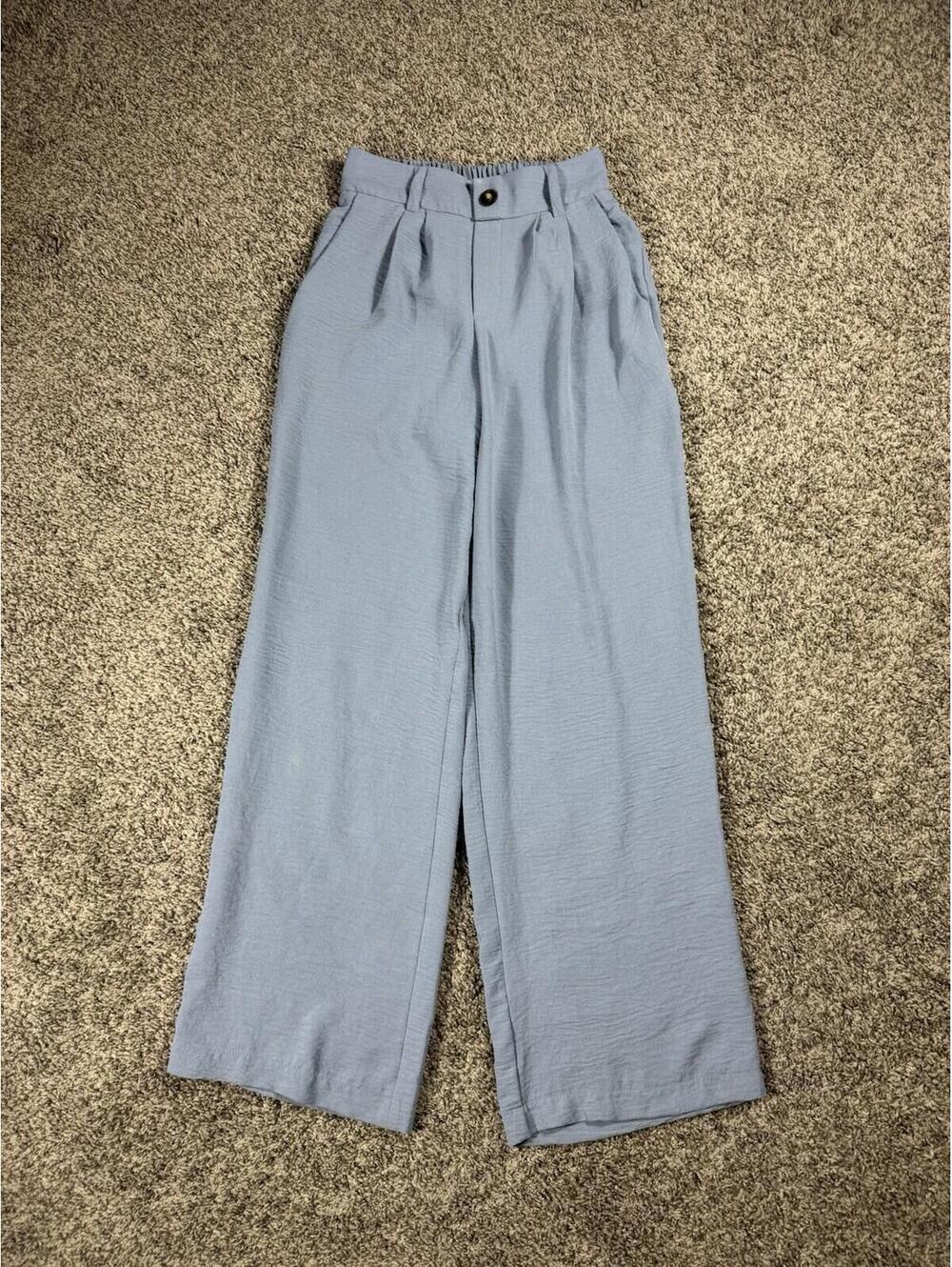 Tullea Women’s Light Blue Wide Leg High Rise Pants Casual Flowy Pull On Pockets - Picture 2 of 8